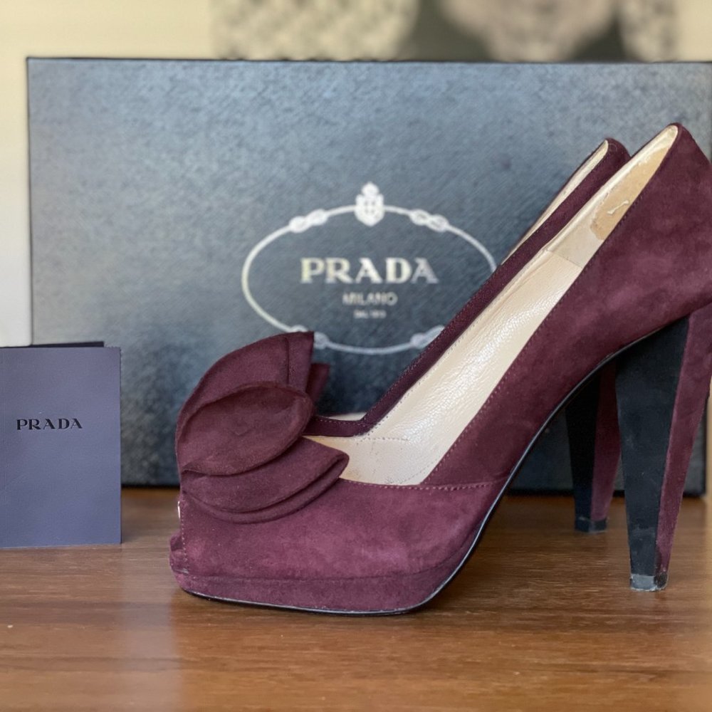 Prada Ruffle Peep Toe Pumps Suede 36.5 - Picture 3 of 3